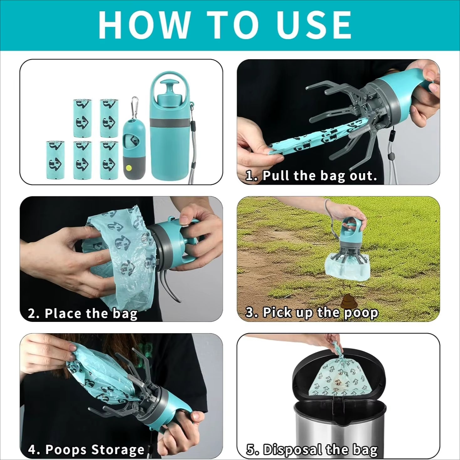 Dog Poop Scooper Set Claw Waste Picker with Leash Clip Poop Bag Dispenser LED Light Portable Hygienic Cleanup Tool for Pet Dogs